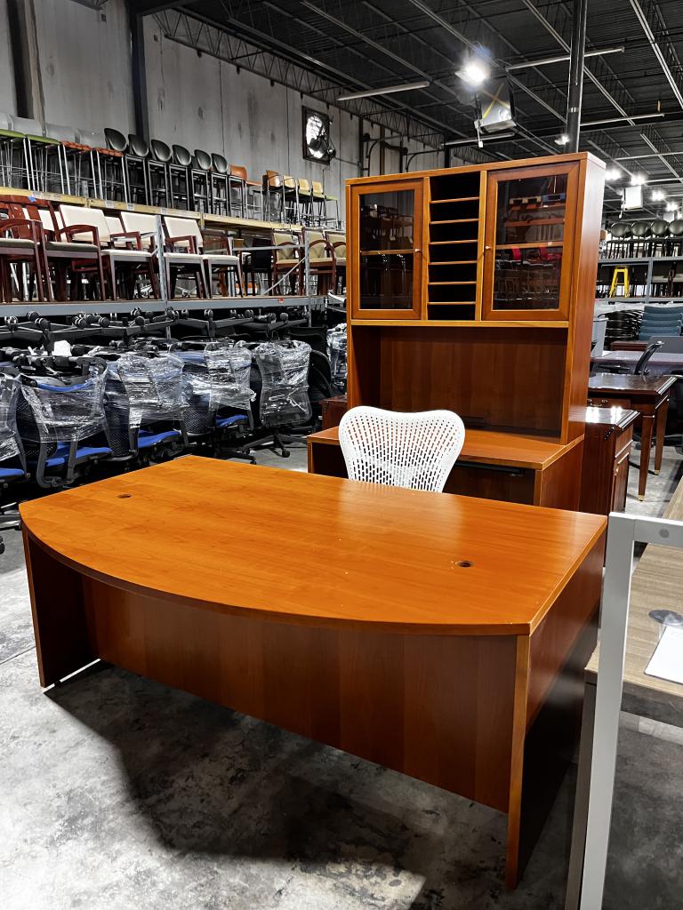 Cherry Bowfront Desk Credenza Set w/ Hutch - click to see full size photo