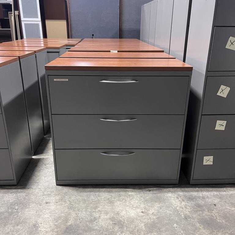 42" Allsteel 3 Drawer Lateral w/ Cherry Top - click to see full size photo
